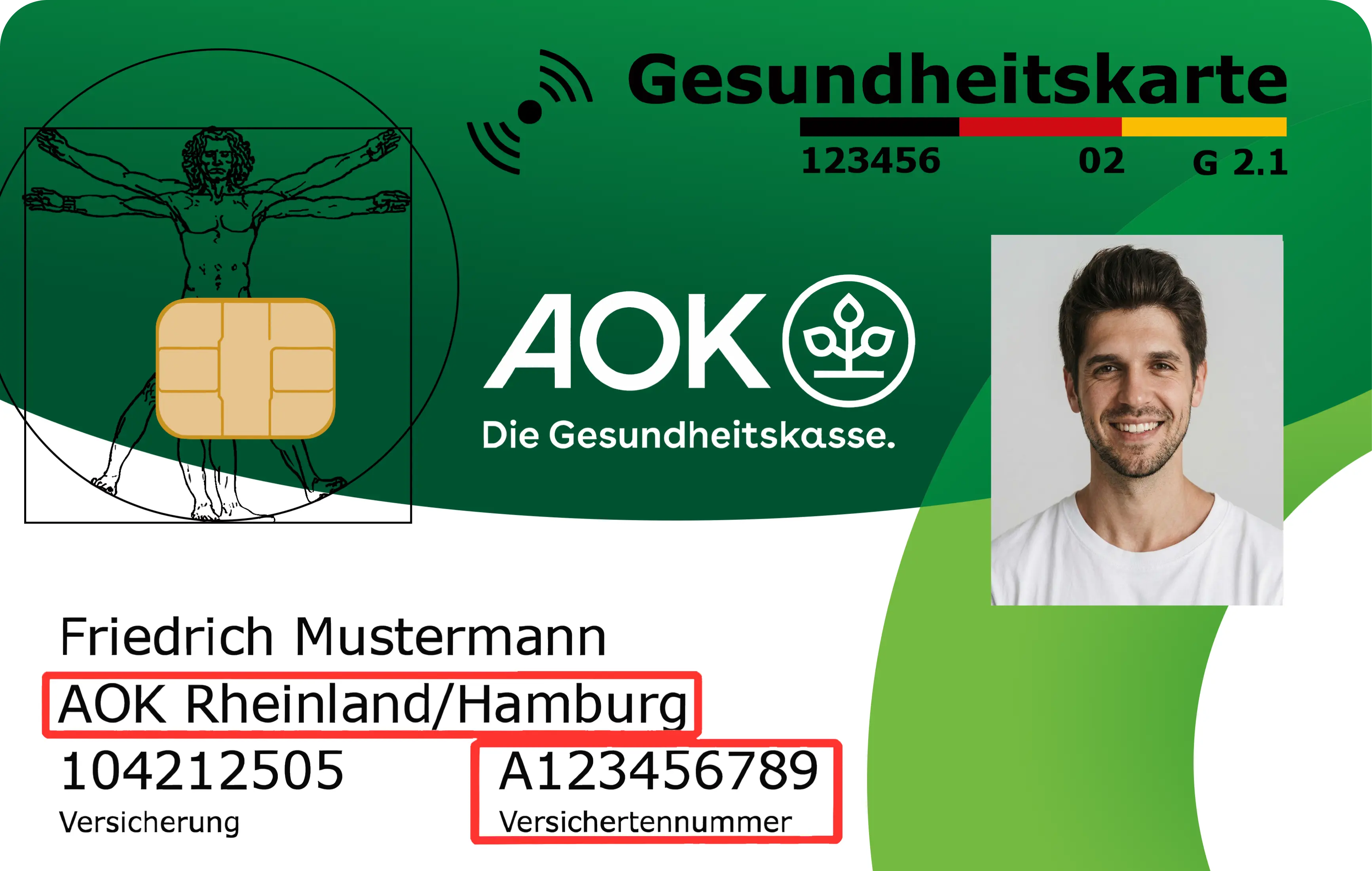 Gesundheitskarte mit markierter Krankenkasse und Versichertennummer