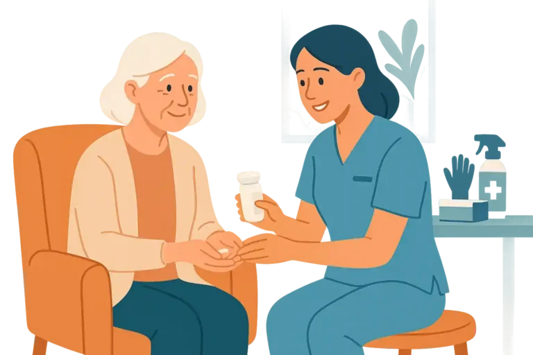 Eine Pflegekraft sitzt im Wohnzimmer bei einer Seniorin und hilft ihr beim Einnehmen von Medikamenten, im Hintergrund stehen Pflegehilfsmittel wie Desinfektionsspray und Handschuhe.