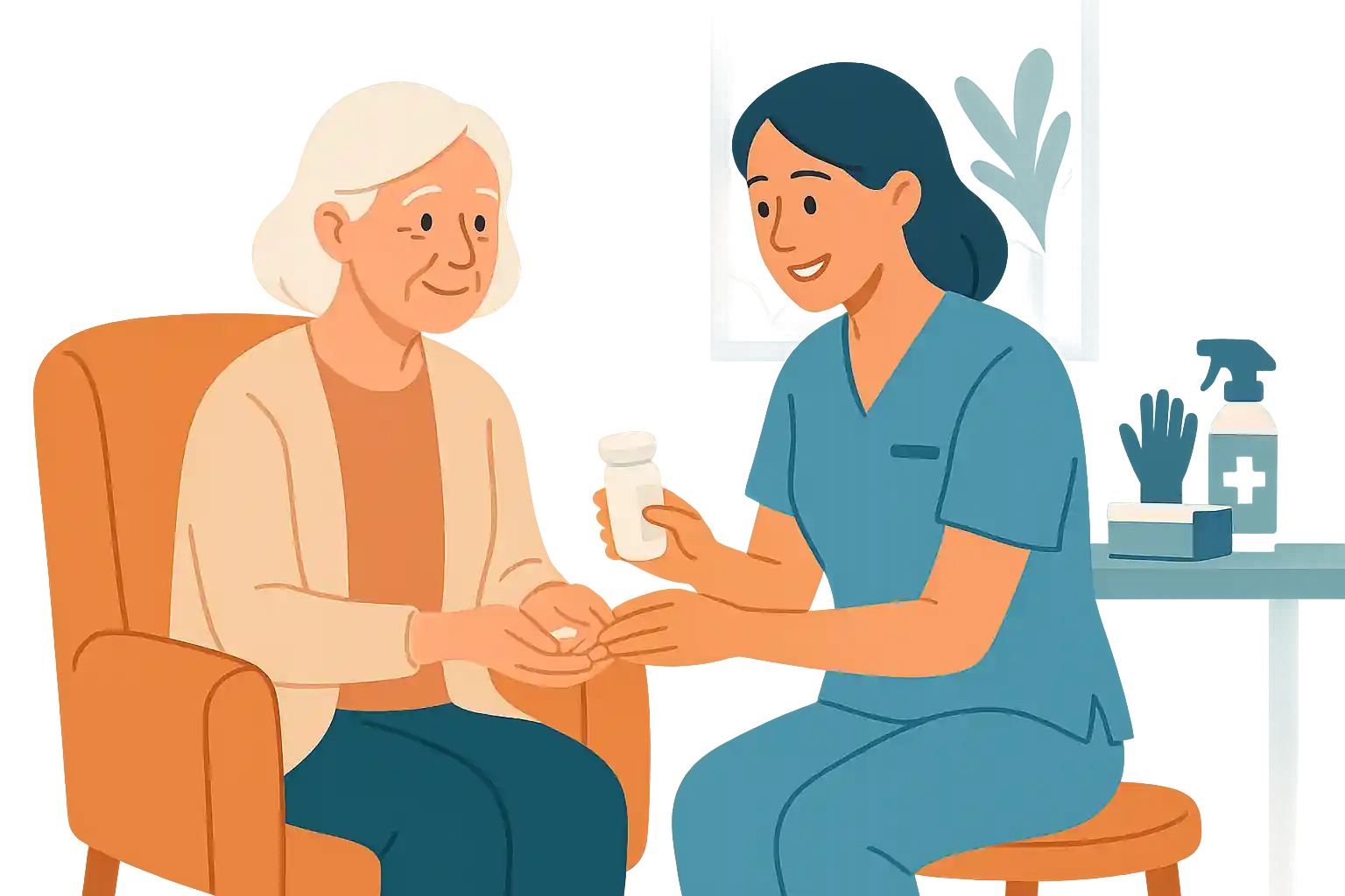 Eine Pflegekraft sitzt im Wohnzimmer bei einer Seniorin und hilft ihr beim Einnehmen von Medikamenten, im Hintergrund stehen Pflegehilfsmittel wie Desinfektionsspray und Handschuhe.
