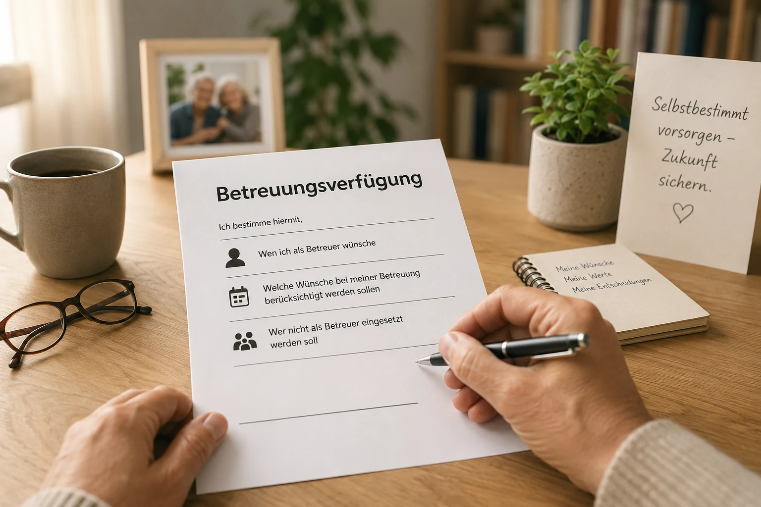 Hände füllen eine Betreuungsverfügung mit Angaben zur gewünschten Betreuungsperson und persönlichen Wünschen aus.