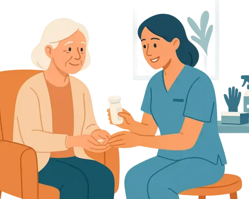 Eine Pflegekraft sitzt im Wohnzimmer bei einer Seniorin und hilft ihr beim Einnehmen von Medikamenten, im Hintergrund stehen Pflegehilfsmittel wie Desinfektionsspray und Handschuhe.