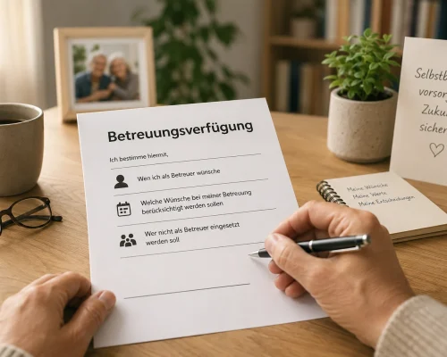 Hände füllen eine Betreuungsverfügung mit Angaben zur gewünschten Betreuungsperson und persönlichen Wünschen aus.