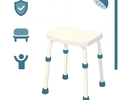Illustration eines weißen Duschhockers mit verstellbaren Beinen in einer stilisierten Duschszene
