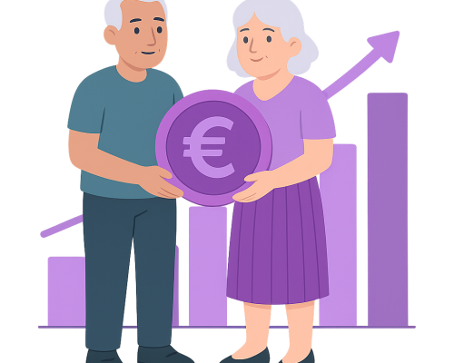 Fröhliches älteres Paar mit Euro-Münze vor wachsender Finanzgrafik