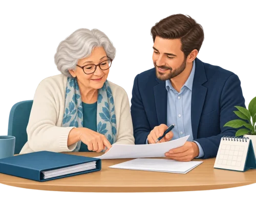 Ältere Frau bespricht gemeinsam mit einer Vertrauensperson Unterlagen zur rechtlichen Betreuung.