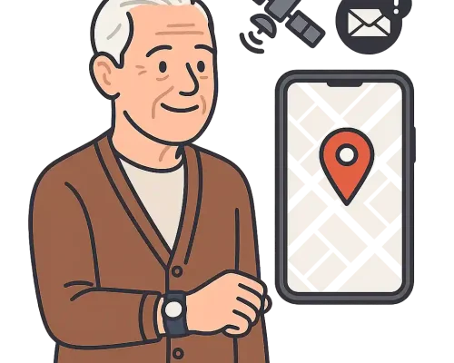 Senior mit GPS-Tracker am Handgelenk, lächelnd neben einem Smartphone mit Kartenansicht und Standortmarker, flankiert von Satelliten- und Benachrichtigungssymbolen, transparenter Hintergrund.
