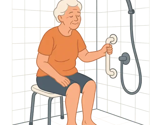 Seniorin sitzt auf einem Duschhocker und hält sich an einem Haltegriff in der Dusche fest.