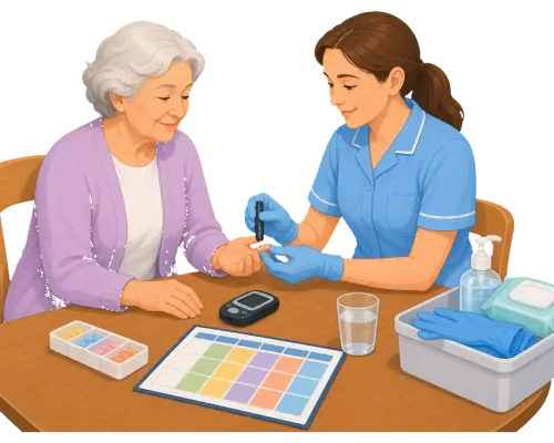 Ältere Frau misst mit Unterstützung einer Pflegeperson ihren Blutzucker am Tisch, daneben stehen Wasser, Medikamentendosierer und Pflegeutensilien für den Diabetes-Alltag.