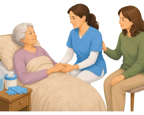 Pflegeperson sitzt am Bett einer älteren Frau und hält beruhigend ihre Hand in einer ruhigen Palliativpflege-Situation.