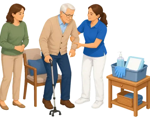 Angehörige unterstützt einen älteren Menschen mit Parkinson beim Aufstehen zu Hause