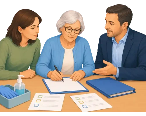Patientin bespricht gemeinsam mit einer Ärztin und einer Angehörigen ihre Patientenverfügung.