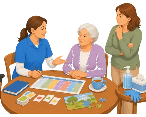 Betreuungskraft bespricht mit einer Seniorin zu Hause den Tagesablauf und unterstützt sie im Pflegealltag