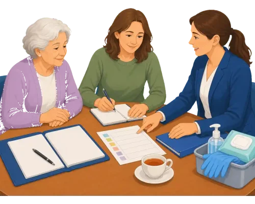 Seniorin und Angehörige besprechen zu Hause einen Pflegevertrag mit Checkliste