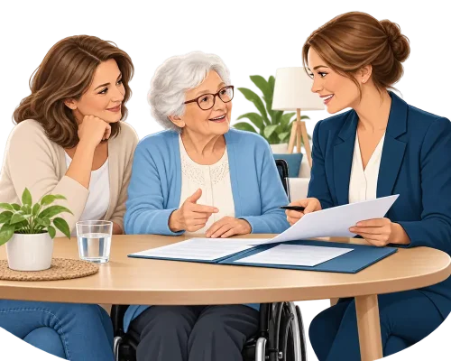Pflegeberaterin bespricht mit einer älteren Frau und ihrer Angehörigen gemeinsam Unterlagen.