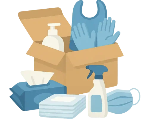 Pflegebox mit Hilfsmitteln wie Handschuhen, Tüchern, Desinfektionsmittel und Schutzkleidung ohne Personen im Bild.