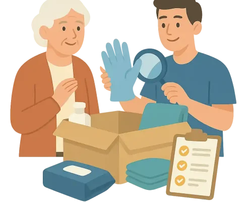Junger Mann zeigt einer älteren Frau Pflegehilfsmittel aus einer Box, prüft diese mit Lupe und Checkliste.
