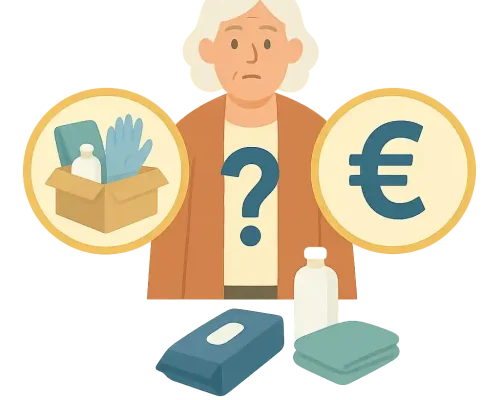 Ältere Frau überlegt zwischen Pflegebox und Einzelkauf, dargestellt durch Symbole für Produkte und Euro-Zeichen.