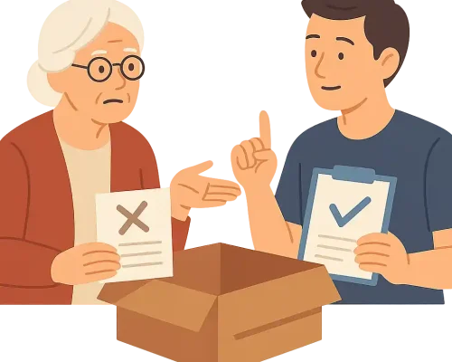 Ältere Frau mit Ablehnungsbescheid diskutiert mit einem Berater über Widerspruch zur Pflegebox.