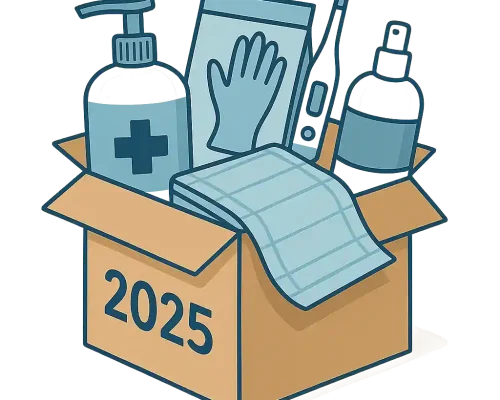 Eine flache, moderne 2D-Illustration zeigt eine geöffnete Pflegebox mit verschiedenen Pflegehilfsmitteln wie Einmalhandschuhen, Desinfektionsmitteln, Bettschutzeinlagen und Mundschutz auf transparentem Hintergrund.