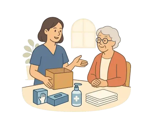 Illustration: Pflegerin zeigt einem älteren Paar, wie sie per Antrag unkompliziert eine Pflegebox der BKK erhalten – Pflegemittel wie Handschuhe, Desinfektionsspender und Tücher liegen bereit.