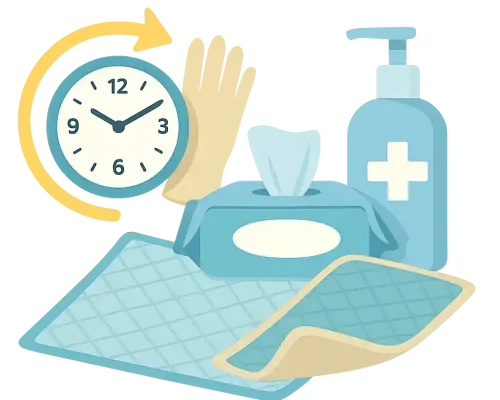 Pflegehilfsmittel – Einweghandschuhe, Desinfektion, Tücher, Bettschutz und Uhr zur Zeitorientierung auf transparentem Hintergrund, flach illustriert.