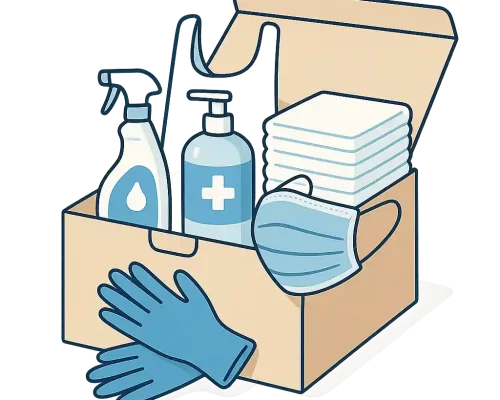 Eine geöffnete Pflegebox mit Desinfektionsmitteln, Einmalhandschuhen, Mundschutz, Unterlagen und Schutzschürze auf hellem Hintergrund, im Flat-Stil illustriert.