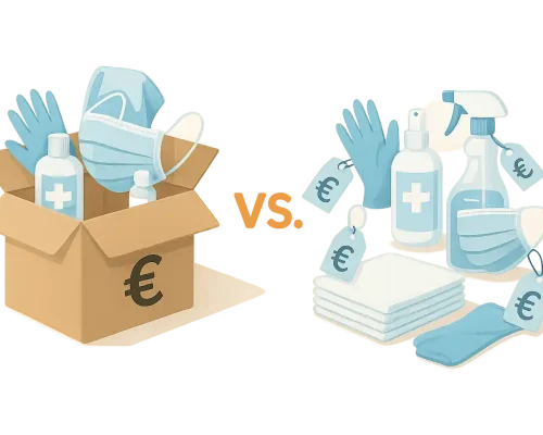 Vergleich Pflegebox und Einzelkauf anhand verschiedener Pflegeprodukte, dargestellt in einer flachen Alltagsszene mit Pflegehilfsmitteln.
