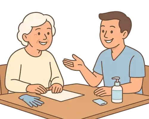 Seniorin und Pflegekraft beraten sich am Tisch, beide lächeln, Pflegehilfsmittel (Handschuhe, Desinfektionsflasche, Tuch) auf dem Tisch