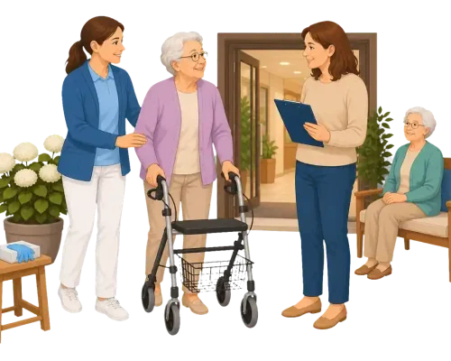Pflegekraft begleitet eine ältere Frau mit Rollator vor dem Eingang eines Pflegeheims, während ein weiterer Bewohner auf einer Bank sitzt.