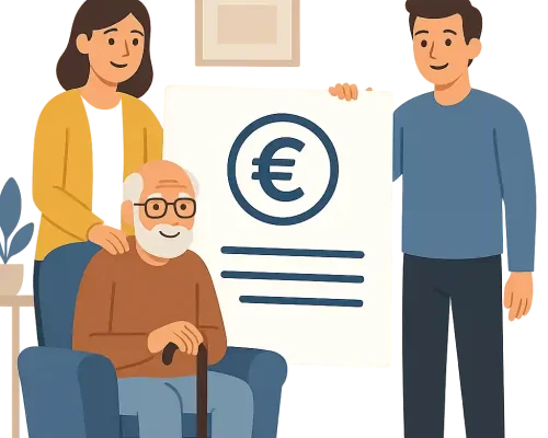 Eine freundliche Alltagsszene zeigt zwei Angehörige, die einen älteren Mann im Sessel betreuen. Sie halten ein großes Dokument mit Euro-Symbol, das symbolisch für finanzielle Unterstützung in der Pflege steht.