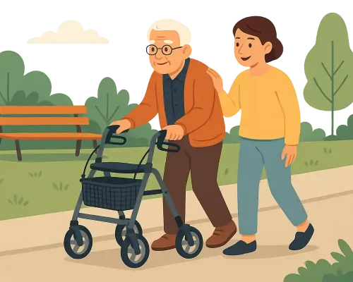 Ein älterer Mann geht mit Rollator, unterstützt von einer jüngeren Frau. Beide bewegen sich gemeinsam in eine Richtung, ruhig und harmonisch.