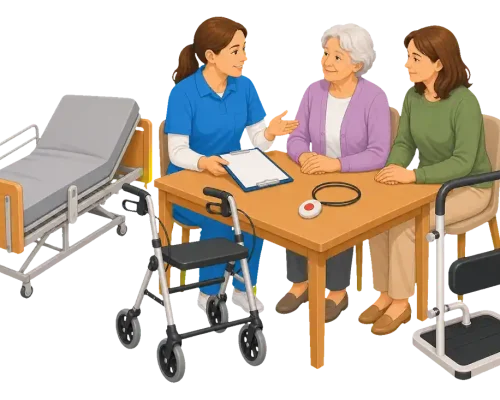 Pflegekraft erklärt einer älteren Frau technische Pflegehilfsmittel wie Pflegebett, Aufstehhilfe, Rollator und Hausnotruf.
