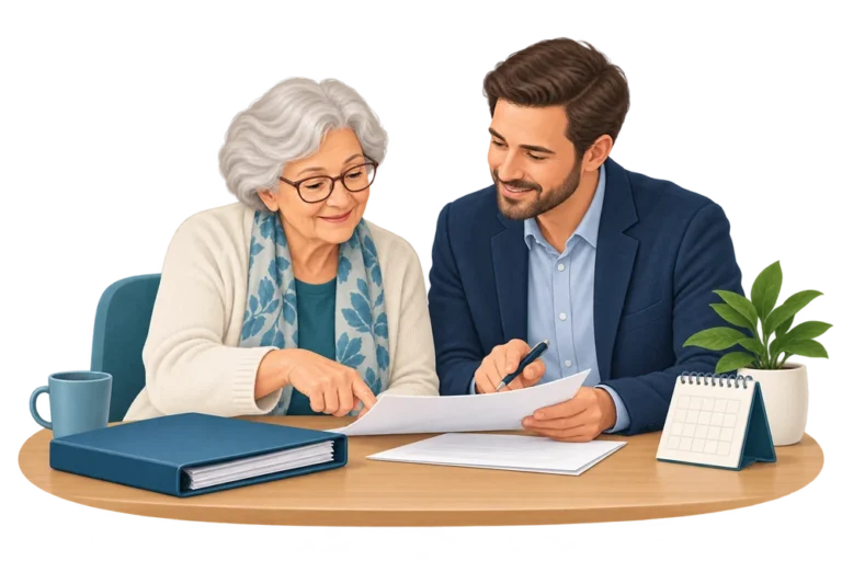 Ältere Frau bespricht gemeinsam mit einer Vertrauensperson Unterlagen zur rechtlichen Betreuung.