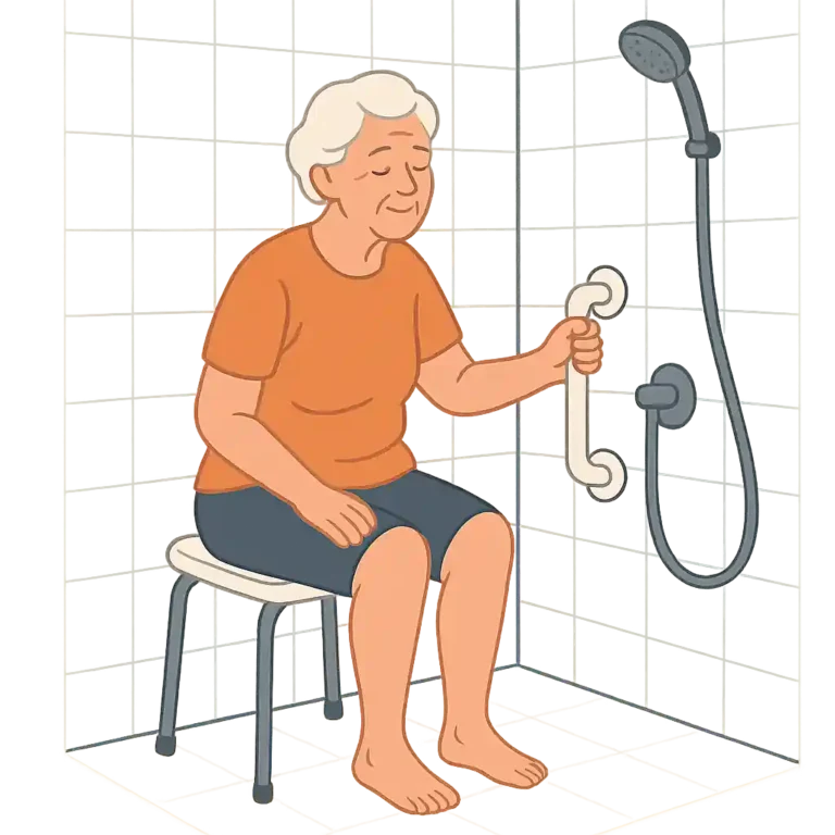 Seniorin sitzt auf einem Duschhocker und hält sich an einem Haltegriff in der Dusche fest.