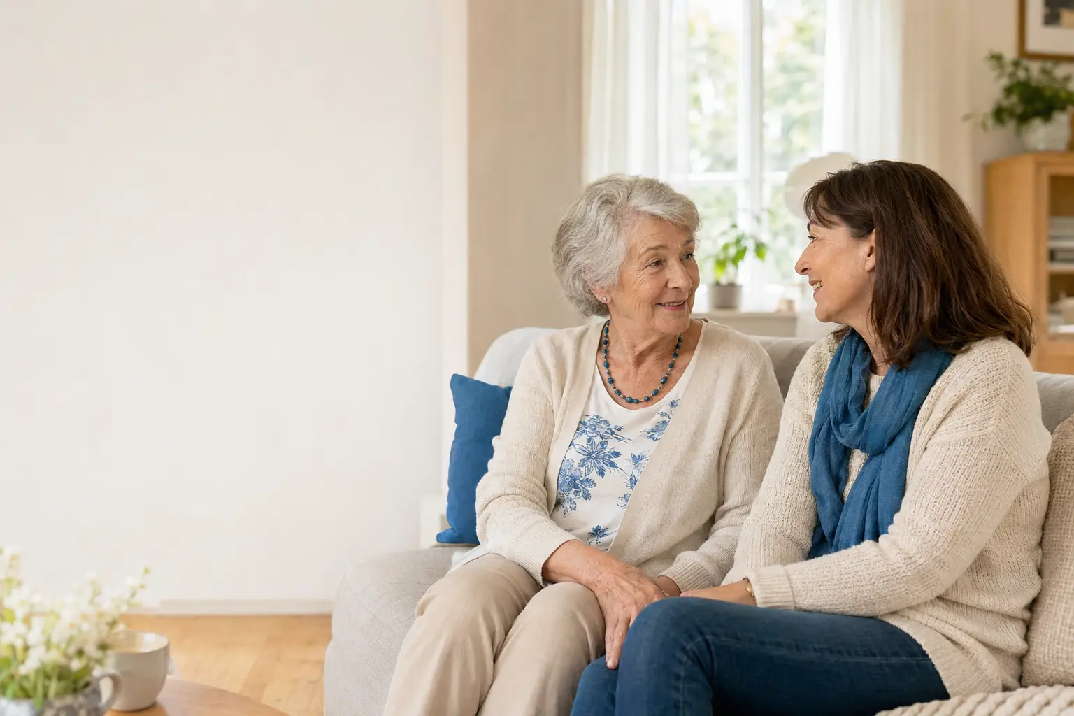 Ältere Frau im entspannten Gespräch mit einer Angehörigen zuhause