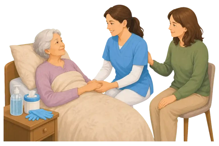 Pflegeperson sitzt am Bett einer älteren Frau und hält beruhigend ihre Hand in einer ruhigen Palliativpflege-Situation.