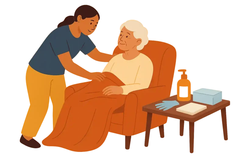 Illustration: Pflegeszene mit junger Angehöriger, die einer älteren Frau im Sessel eine Decke zurechtlegt. Neben dem Sessel steht ein Tisch mit Pflegehilfsmitteln wie Handschuhen, Desinfektion und Bettschutz.