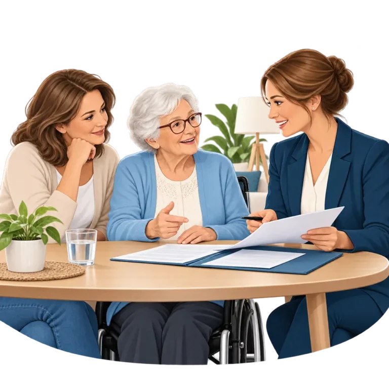 Pflegeberaterin bespricht mit einer älteren Frau und ihrer Angehörigen gemeinsam Unterlagen.