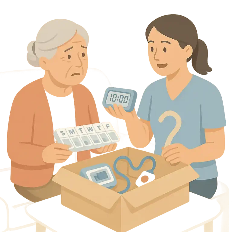 Pflegerin zeigt Demenzpatientin eine Pflegebox mit Erinnerungshilfen wie Medikamentendosierer und Wecker.