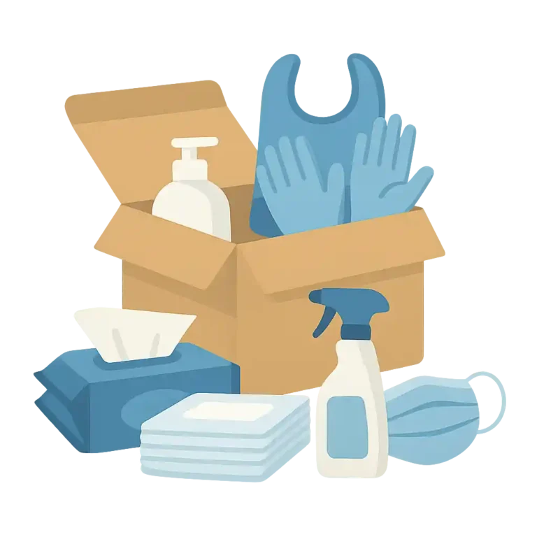 Pflegebox mit Hilfsmitteln wie Handschuhen, Tüchern, Desinfektionsmittel und Schutzkleidung ohne Personen im Bild.