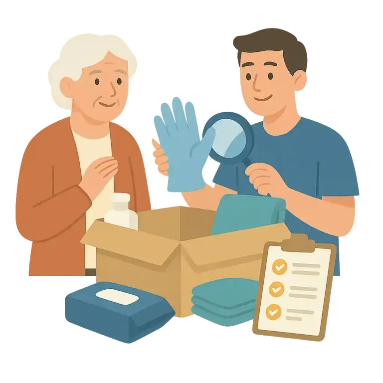 Junger Mann zeigt einer älteren Frau Pflegehilfsmittel aus einer Box, prüft diese mit Lupe und Checkliste.