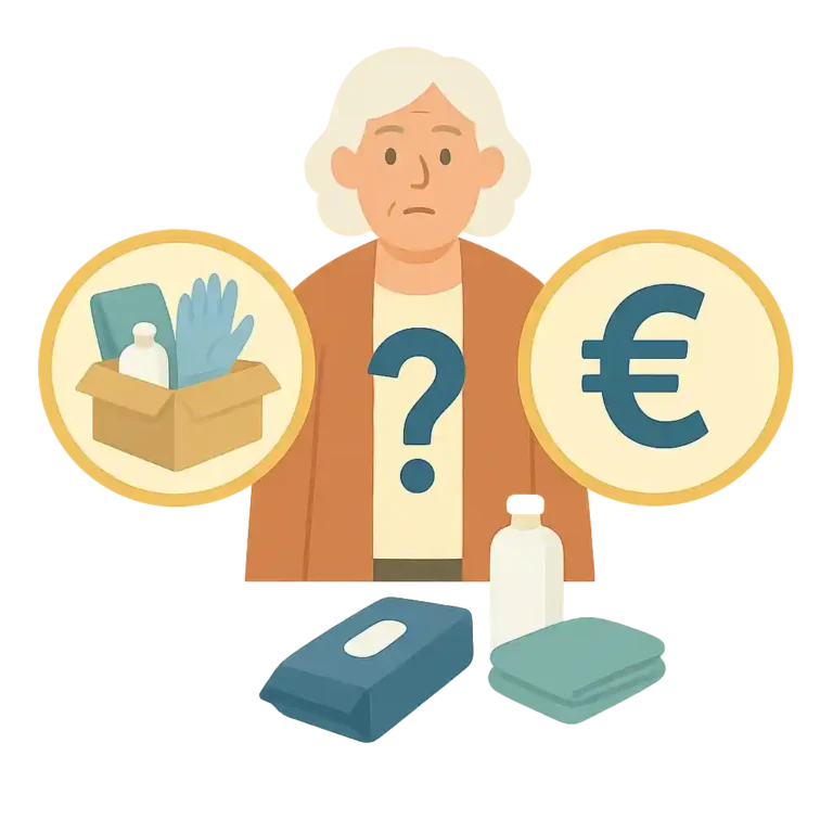 Ältere Frau überlegt zwischen Pflegebox und Einzelkauf, dargestellt durch Symbole für Produkte und Euro-Zeichen.