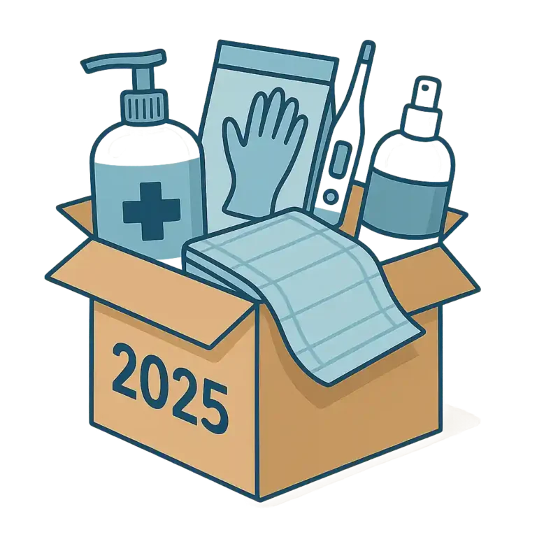 Eine flache, moderne 2D-Illustration zeigt eine geöffnete Pflegebox mit verschiedenen Pflegehilfsmitteln wie Einmalhandschuhen, Desinfektionsmitteln, Bettschutzeinlagen und Mundschutz auf transparentem Hintergrund.