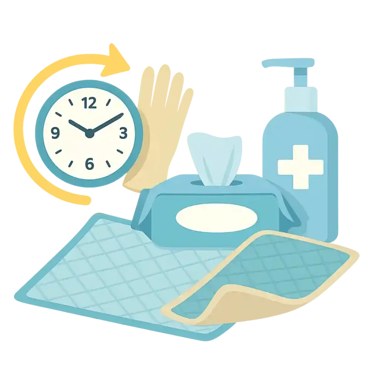 Pflegehilfsmittel – Einweghandschuhe, Desinfektion, Tücher, Bettschutz und Uhr zur Zeitorientierung auf transparentem Hintergrund, flach illustriert.