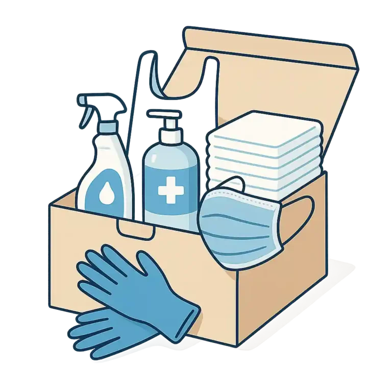 Eine geöffnete Pflegebox mit Desinfektionsmitteln, Einmalhandschuhen, Mundschutz, Unterlagen und Schutzschürze auf hellem Hintergrund, im Flat-Stil illustriert.
