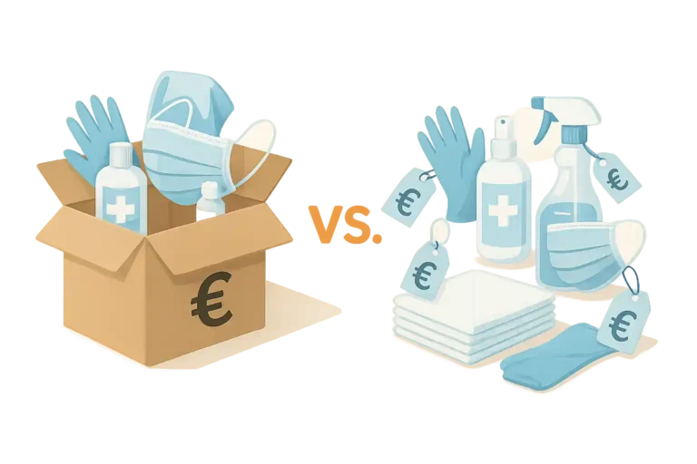 Vergleich Pflegebox und Einzelkauf anhand verschiedener Pflegeprodukte, dargestellt in einer flachen Alltagsszene mit Pflegehilfsmitteln.