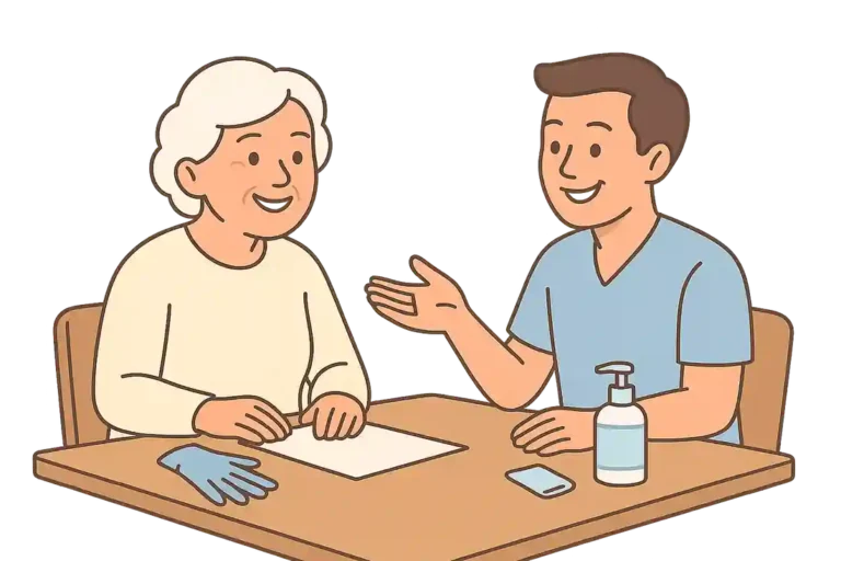 Seniorin und Pflegekraft beraten sich am Tisch, beide lächeln, Pflegehilfsmittel (Handschuhe, Desinfektionsflasche, Tuch) auf dem Tisch