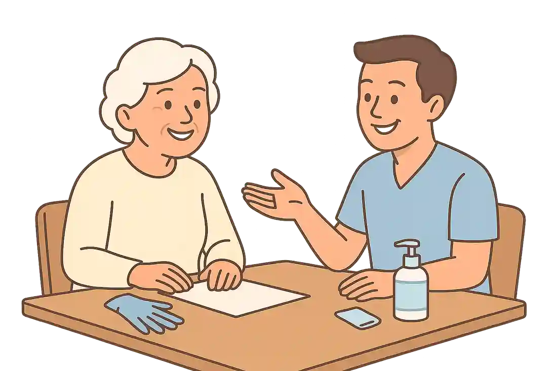 Seniorin und Pflegekraft beraten sich am Tisch, beide lächeln, Pflegehilfsmittel (Handschuhe, Desinfektionsflasche, Tuch) auf dem Tisch