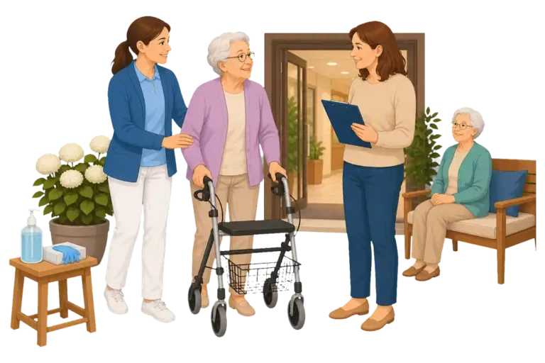 Pflegekraft begleitet eine ältere Frau mit Rollator vor dem Eingang eines Pflegeheims, während ein weiterer Bewohner auf einer Bank sitzt.