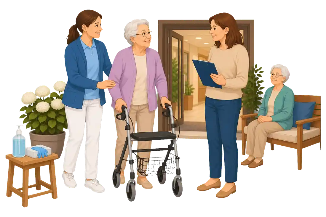 Pflegekraft begleitet eine ältere Frau mit Rollator vor dem Eingang eines Pflegeheims, während ein weiterer Bewohner auf einer Bank sitzt.